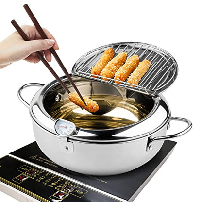 Kerilyn Deep Fryer Pot, 11 Inch/4.2 L Janpanese Style Tempura Frying Pot with Lid, 304 Stainless Steel with Temperature Control and Oil Drip Drainer Rack, for Kitchen French Fries, Chicken etc - size: 11 Inch