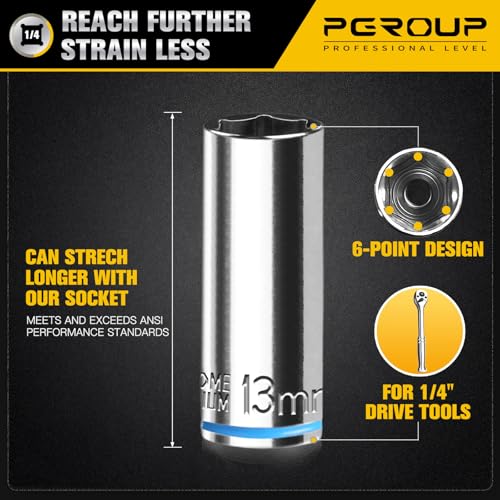 10PCS 1/4” Drive Deep Socket Set, Metric (5mm-14mm), 6-Point, Cr-V Steel, Chrome Plated Socket With Hanging Bracket, Cover Most Commonly Sizes - size: 1/4"Metric (5mm-14mm)