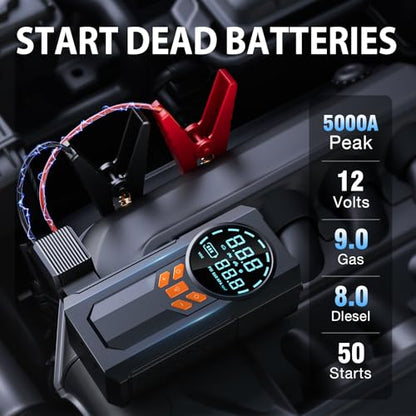 Jump Starter with Air Compressor, 5000A 160PSI Battery Jumper Starter Portable (9.0 Gas/8.0L Diesel), 12V Jump Box Car Battery Jump Starter with Smart Jumper Cables, LED Light, LCD Display