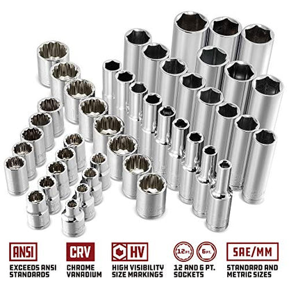 Powerbuilt 47 Piece Mechanics Tool Set, 3/8-inch Drive, SAE and Metric Socket Set, Standard, 72 Tooth Seal-Head Ratchet, Automotive Tools, Storage Case - 642451 - size: 47 Piece