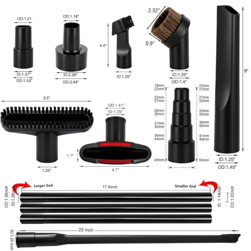 14 Pcs Universal 1 1/4 Inch Vacuum Attachments Kit for Shop Vac Accessories with 17.8 Inch Extension Wand Hair Brush Flexible Crevice Tool, Hose Adapters for 2 1/2" to 1 1/4" and 1 7/8" to 1" Hoses