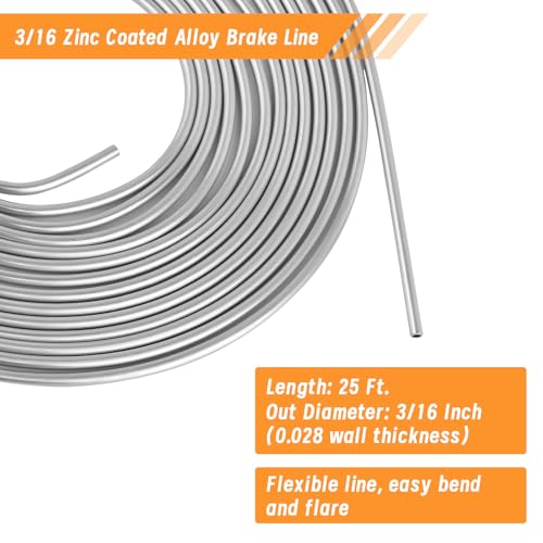 MuHize 25FT 3/16 Inch Brake Line Flaring Tool Kit | Zinc Coated Alloy Brake Line with 16 Fittings & 4 Unions, Includes Double & Single Flaring Tool and Tube Cutter - size: Sliver Brake Line Tool Kit
