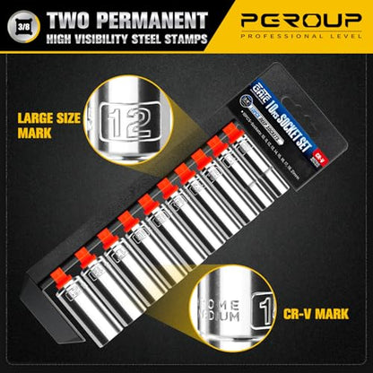 10PCS 3/8” Drive Deep Socket Set, Metric(10mm-21mm), 6-Point, Cr-V Steel, Chrome Plated Socket With Hanging Bracket, Cover Most Commonly Sizes - size: 3/8"Metric(10mm-21mm)