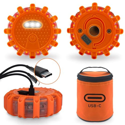 Ecoangel USB-C Rechargeable LED Road Flares Emergency Lights 3 in 1 Cable Roadside Warning Car Safety Beacon Flashing Disc Kit with Magnetic Base for Vehicles - color: USB-C 3PACK