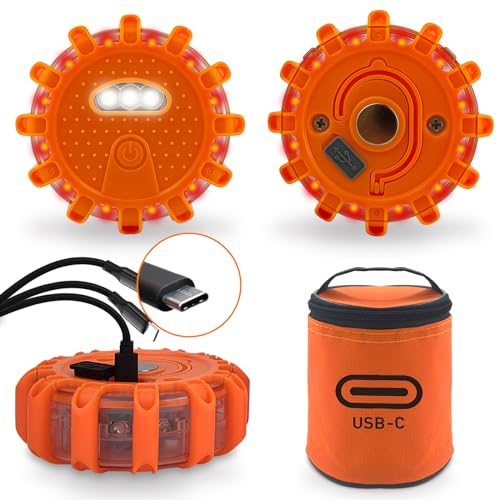 Ecoangel USB-C Rechargeable LED Road Flares Emergency Lights 3 in 1 Cable Roadside Warning Car Safety Beacon Flashing Disc Kit with Magnetic Base for Vehicles - color: USB-C 3PACK