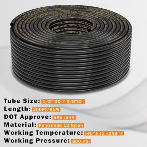 CheeMuii 200 FT 1/2" DOT Air Line with Heavy Duty Tube Cutter Kit PA12 Nylon 1/2 Pneumatic Tubing SAE J844 DOT Air Hose 61 Meter 1/2 Inch OD Pneumatic Air Tubing Pipe Hose Line - size: 1/2"OD-200FT-Single Layer