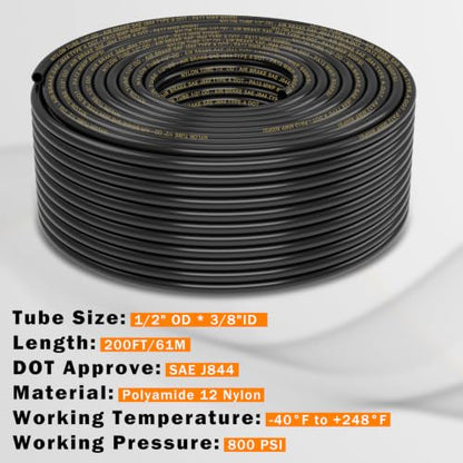 CheeMuii 200 FT 1/2" DOT Air Line with Heavy Duty Tube Cutter Kit PA12 Nylon 1/2 Pneumatic Tubing SAE J844 DOT Air Hose 61 Meter 1/2 Inch OD Pneumatic Air Tubing Pipe Hose Line - size: 1/2"OD-200FT-Single Layer