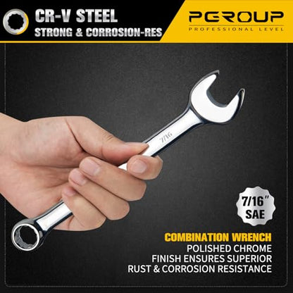 7/16" SAE Combination Wrench, CR-V Steel with Mirror Polish, 12-Point Design, 15-Degree Offset, Perfect for Auto Repair, Household, Car & Truck Emergency - size: 7/16"