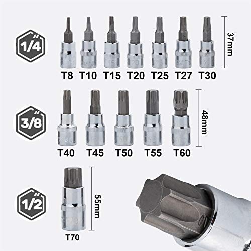 Qnkaa Torx Bit Socket Set 13pcs 3/8" Dr. T8 - T70 E Star S2 Alloy Steel | Premium Cr-V Steel Star Socket Torx Bits Metric 1/4, 3/8 and 1/2-Inch Drive