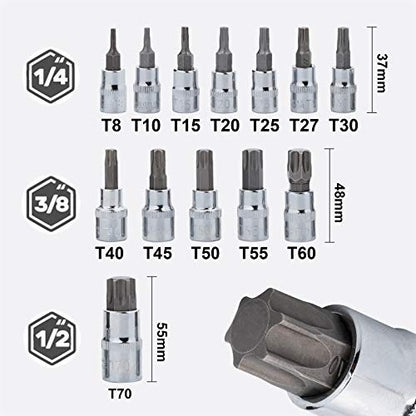 Qnkaa Torx Bit Socket Set 13pcs 3/8" Dr. T8 - T70 E Star S2 Alloy Steel | Premium Cr-V Steel Star Socket Torx Bits Metric 1/4, 3/8 and 1/2-Inch Drive