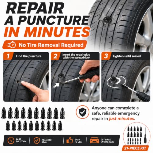 Screw In Tire Plugs Repair Kit 20pcs 2 Sizes Fast DIY For Car Truck Tires | Easy DIY Installation, 2 Sizes Included, Durable Rubber With Iron Core