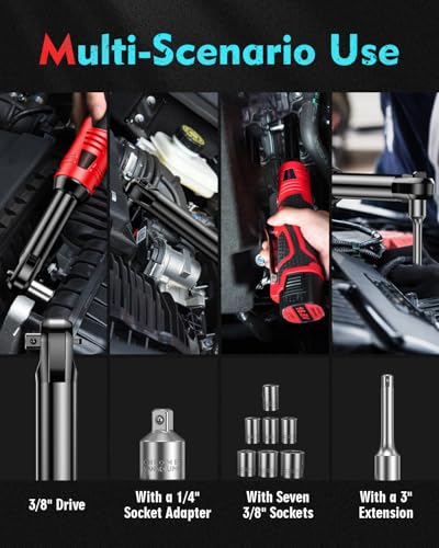SOARFLY 3/8" Cordless Ratchet Wrench Set, Extended Electric Ratchet Wrench, 40 Ft-lbs (55 N.m), 450 RPM, 16.8V Wrench Ratchet Set with 2*2000mAh Lithium Batteries, Variable Speed, 7 Sockets, LED Light - color: Red