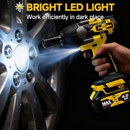 Rhovixster 1/2 Impact Gun Cordless - Impact Wrench Set, 1/2 Torque Impact, Brushless Motor High Torque Impact Guns with 2pcs 4Ah Battery & 1pcs Charger, 850N.M Torque