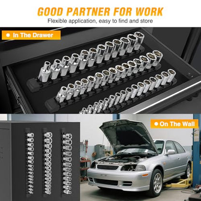 GOOACC Socket Organizer ABS Socket Holder Set 1/4" 3/8" 1/2" Drive Socket Rail Holders Stores up 43 Clips Impact Sockets Organizers Rails for Tool Box Drawer, 3 Piece Black - size: Clip Rail 3PC 1/4"3/8"1/2" Black