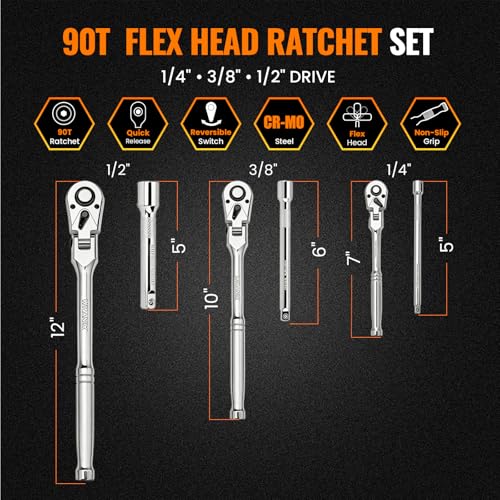 6-Piece Flex Head Ratchet Wrench Set, 1/4", 3/8", 1/2" Drive, 90T Quick-Release Reversible with Extension Bars for Tight Spaces - size: Combo Kit(1/4" & 3/8" & 1/2")