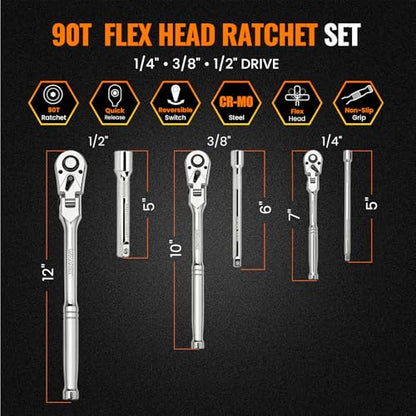 6-Piece Flex Head Ratchet Wrench Set, 1/4", 3/8", 1/2" Drive, 90T Quick-Release Reversible with Extension Bars for Tight Spaces - size: Combo Kit(1/4" & 3/8" & 1/2")