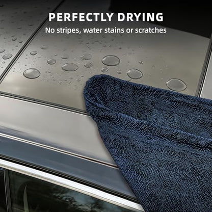 2-Pack 1500GSM Microfiber Drying Towel for Car 24"x36" & 11.8"x11.8"（Blue） | Ultra Absorbent Streak-Free Lint Free Twisted-Loop Cleaning Cloth for Cars Motorcycles Windows Kitchen