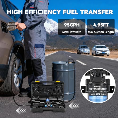 Poafamx 12V Fuel Transfer Pump Set, 95GPH Portable Gasoline Pump 70W Motor | Diesel Oil Extractor with 110V Power Adapter, Hose & Carrying Case for Vehicles, Boats, Harvester, Generators, Tractors