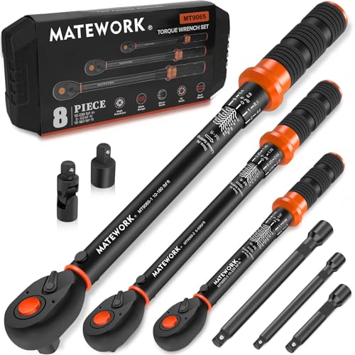 Upgraded Torque Wrench Set 8PCS, 1/4 3/8 1/2 inch Drive Click Torque Wrench, 10-230in.lb, 5-50ft.lb, 10-180ft.lb, 72-Tooth Dual Scale, ±3% Accuracy, 5 Adapters, for Bike, Moto, Car Repair and Maint - size: 1/2 3/8 1/4-inch (8pcs)