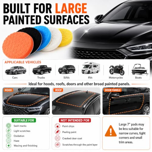 7 Inch Polishing Pads, 5PCS Foam Buffing Pads for DA Polisher | 5PCS Foam Polishing Pads for DA Polisher, Car Paint Correction, Scratch & Swirl Removal, Hook and Loop Backing