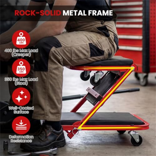 Folding Mechanic Creeper Stool, Heavy Duty Padded Seat for Garage Workshop, Low Profile Auto Repair Rolling Seat with Tool Tray, Shop Stool Workshop Seat Car Repair Creeper Under Car Creeper