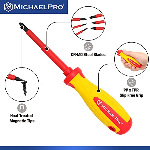 MichaelPro 6-Piece 1000V VDE Insulated Screwdriver Set, Electrician Tools, Slotted and Phillips Screwdrivers with Magnetic Tips, CR-MO Steel, 10,000V Tested and Certified for Electrician Safety - size: 6-Piece Phillips and Slotted Screwdrivers