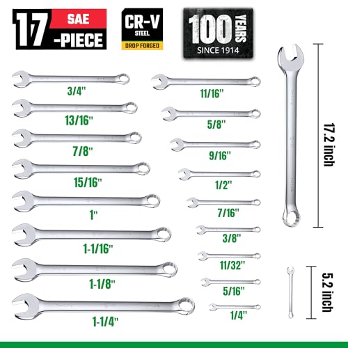 SK Combination Wrench Set, Metric 6 to 32mm, SAE 1/4" to 1-1/4", 42-Piece | SuperKrome Finish, Drop Forged Premium CR-V Steel, 12-Point Wrenches, 15-Degree Offset, with Rolling Pouch - size: Metric&SAE (6 to 32mm & 1/4" to 1-1/4")