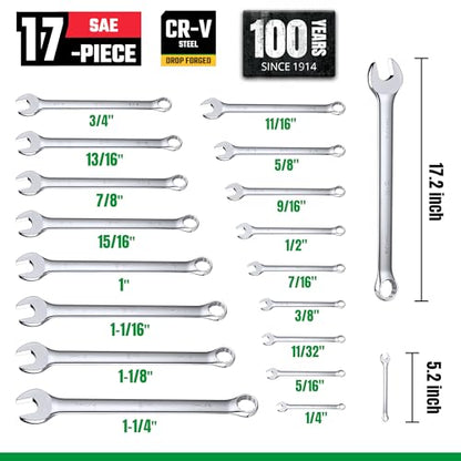 SK Combination Wrench Set, Metric 6 to 32mm, SAE 1/4" to 1-1/4", 42-Piece | SuperKrome Finish, Drop Forged Premium CR-V Steel, 12-Point Wrenches, 15-Degree Offset, with Rolling Pouch - size: Metric&SAE (6 to 32mm & 1/4" to 1-1/4")
