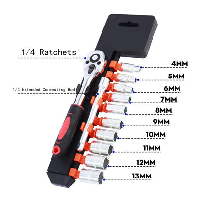 12Pcs 1/4" Ratchet Socket Wrench Set, Heavy Duty Chrome Steel Drive Socket Set of 10 4-13mm Socket Quick Release Ratchet Handles and Extensions - size: Small