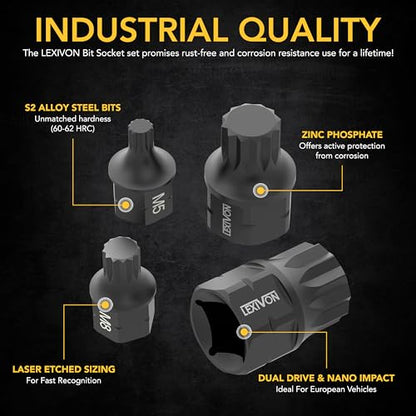 LEXIVON Triple Square Bit Socket Set - 8-Piece (M4-M16), Dual Drive, Super Short 12-Point XZN, Premium S2 Steel, Aluminum Storage Rail (LX-145S) - size: Short XZN