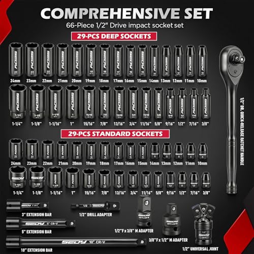 66-Piece 1/2" Drive Impact Socket Set, SAE 3/8" to 1-1/4" and Metric 10-24mm, Deep & Standard 6-Point Cr-V Sockets with Ratchet, Extension Bars, Adapters, Universal Joint, Drill Adapter, Storage Case