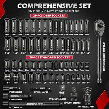 66-Piece 1/2" Drive Impact Socket Set, SAE 3/8" to 1-1/4" and Metric 10-24mm, Deep & Standard 6-Point Cr-V Sockets with Ratchet, Extension Bars, Adapters, Universal Joint, Drill Adapter, Storage Case