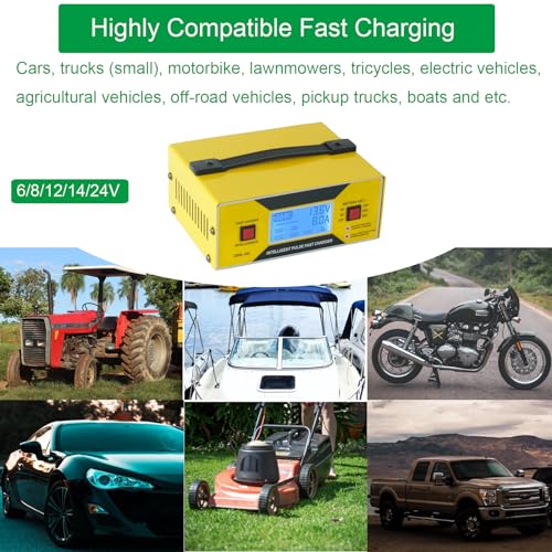 6/8/12/14/16/24V Battery Charger Automotive 0-10A, Smart Car Golf Cart Battery Charger, Maintainer and Automatic Charger with Cable Clamps, Suitable for Lead-Acid Batteries (Yellow with Handle)