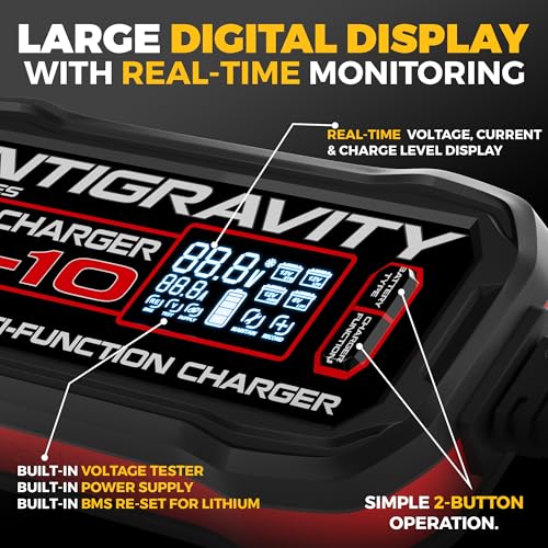 Antigravity SC-10 Super-Charger 10A Smart Battery Charger & Maintainer for 6V/12V Lithium (LiFePO4) & 12V Lead-Acid Batteries – Wall-Powered, LCD Display, Power Supply Mode, BMS Reset
