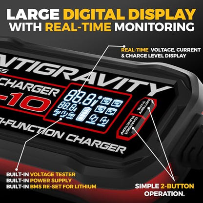 Antigravity SC-10 Super-Charger 10A Smart Battery Charger & Maintainer for 6V/12V Lithium (LiFePO4) & 12V Lead-Acid Batteries – Wall-Powered, LCD Display, Power Supply Mode, BMS Reset