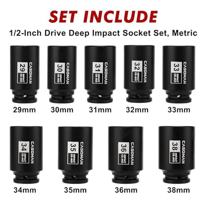 CASOMAN large socket set 1/2- Inch Drive Deep Spindle Axle Nut Impact Socket Set, 6 Point, CR-MO, Metric, 29mm-38mm, 9-Piece 1/2" Dr. Deep Impact Socket Set