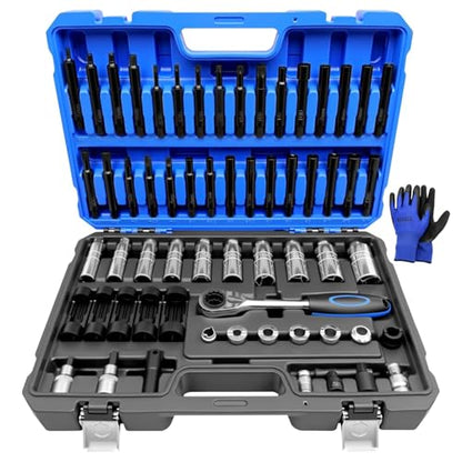 63PCS Shock Absorber Strut Nut Socket Set Master Suspension Strut Top Mount Nut Removal Install Tool with Strut Nut Socket Ratchet Adaptors - size: 63 Pcs