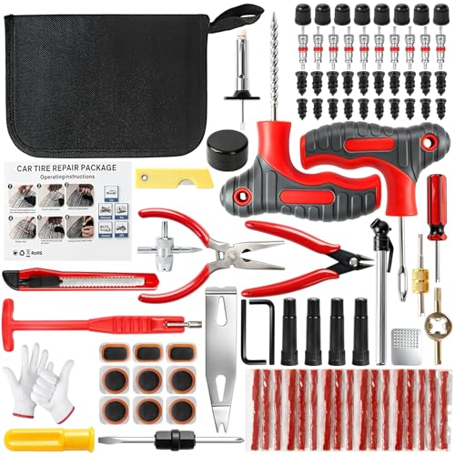 101 PCS Flat Tire Repair Kit,Tubeless Plug and Tire Patch Kit with Metal T-Handle Tools, Repair Strips, Rubber Plug Screws, Valve Core Tool & Case, Tire Plug Kit for Car, SUV, Motorcycle, ATV, Truck - color: 101PCS