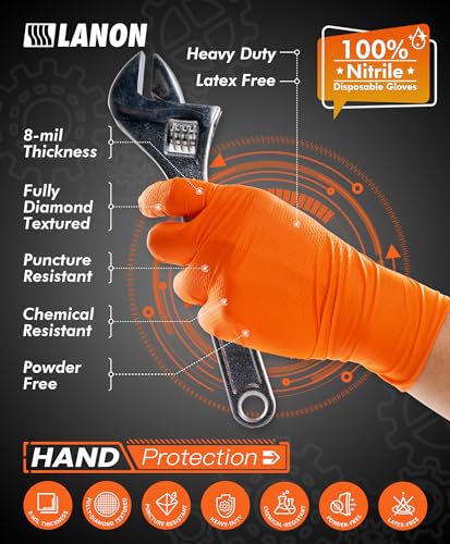 LANON 8mil Orange Disposable Nitrile Gloves, Mechanic, Heavy Duty, Food Safe, Latex Free, Powder Free, Fully-Diamond Textured, Medium - size: Medium (Pack of 100), style: 100 Pcs