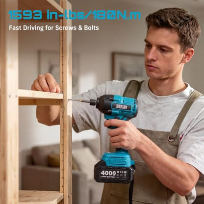 Seesii Power Tool Combo Kits,1000N.m Impact Wrench1/2, 3/8" 180N.m Impact Driver and 1/4" 50N.m Impact Drill, Brushless, 2 * 4000mAh Bartteris,Fast Charger,Impact Gun For Car Home DIY - color: Dark Blue 1000n.m + Two Batteries