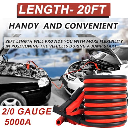 2/0 Gauge Jumper Cables, 20FT 5000A Heavy Duty Jumper Cable for Car Van Truck, Automotive Booster Cables for Jump Starting Dead & Weak Batteries，Transfers Higher Voltage Than 0, 2~12 Gauge - style: 20FT