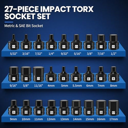 3/8" Drive Stubby Hex Bit Socket Set,27PCS Impact Allen Socket Set with SAE & Metric Sizes (5/32"-11/16" & 4mm-17mm),Anti-Roll Design for Impact Use - size: 3/8" Drive socket 27PCS