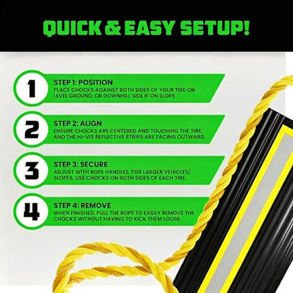 Heavy Duty Rubber Wheel Chocks 2-Pack, Non-Slip Tire Wedges for Trucks, RVs, Trailers – Tri-Point Grip with Reflective Strips & Grab Rope