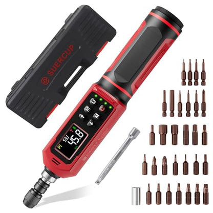 SUERCUP Digital Torque Screwdriver, 0.8-53.1in-lbs/0.09-6Nm, ±1% Accuracy | Electrician Torque Screwdriver, LED , Buzzer, Vibration, 9 Preset Mode and 5 Units, For Bike, Gunsmithing , Scope Mounting - size: 1/4-Inch 0.8-53.1in-lbs/0.09-6N.m
