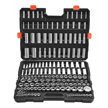 VEVOR Socket Set, 163 Pieces, 3/8 & 1/4 & 1/2 inch Drive Socket Tool Set, SAE and Metric, Deep and Standard, Mechanic Tool Kit with Storage Case, Chrome Plated CR-V Alloy Steel, for Automotive Repair - size: 1/4"&3/8"&1/2", style: 163 PCS