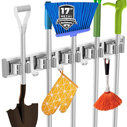 reliahom Broom Holder Wall Mount Mop Hanger Tools organizer 5Racks 4Hooks | Adjustable Mop Broom Wall Hanging Heavy duty Tools Storage Rack Space-saving for Garage,Kitchen,Laundry Room,Garden, Silver - color: Silver