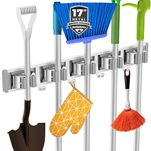 reliahom Broom Holder Wall Mount Mop Hanger Tools organizer 5Racks 4Hooks | Adjustable Mop Broom Wall Hanging Heavy duty Tools Storage Rack Space-saving for Garage,Kitchen,Laundry Room,Garden, Silver - color: Silver