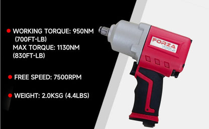 1/2" Composite Air Impact Wrench, One-Handed Push Button F/R Control, 830 ft-lbs Max Torque, Lightweight Pneumatic Gun for Tire Change & Auto Repair