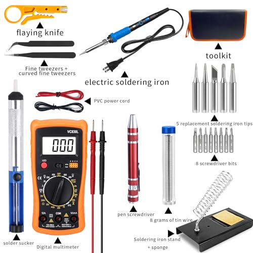908B Blue All-in-One Soldering & Desoldering Kit with Multimeter, 60W Adjustable Soldering Iron for Electronics Repair, Includes 5 Tips, Solder, Pump, Wick, Tweezers, 110V - color: Dark Blue