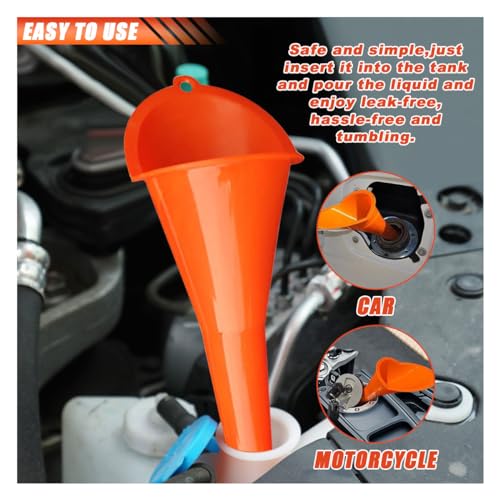 JOYCOURT 2PCS Long Neck Oil Funnels, Multi-Purpose Spill Saver Funnel | Plastic Funnel for Filling Automotive Oil Lubricants Engine Oils Water Diesel Fuel Kerosene & Other Liquids, Small Red+Orange